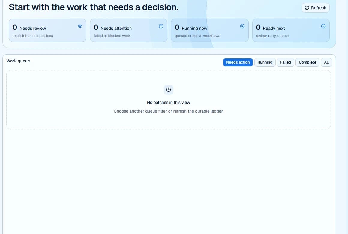 Synthetic decision-led operations workspace preview with no client data