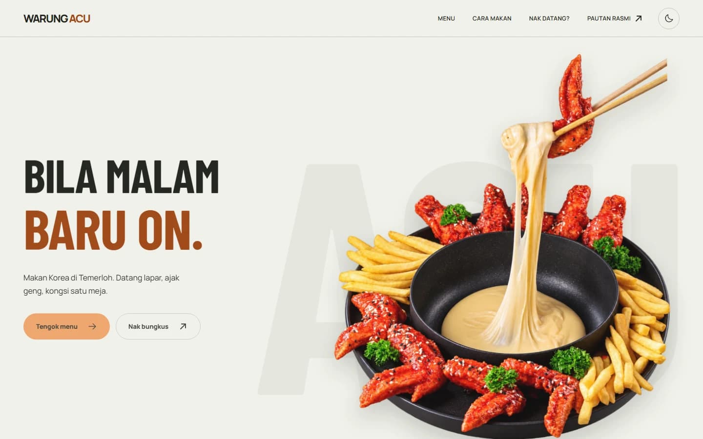Warung Acu restaurant website hero showing Korean food in Temerloh